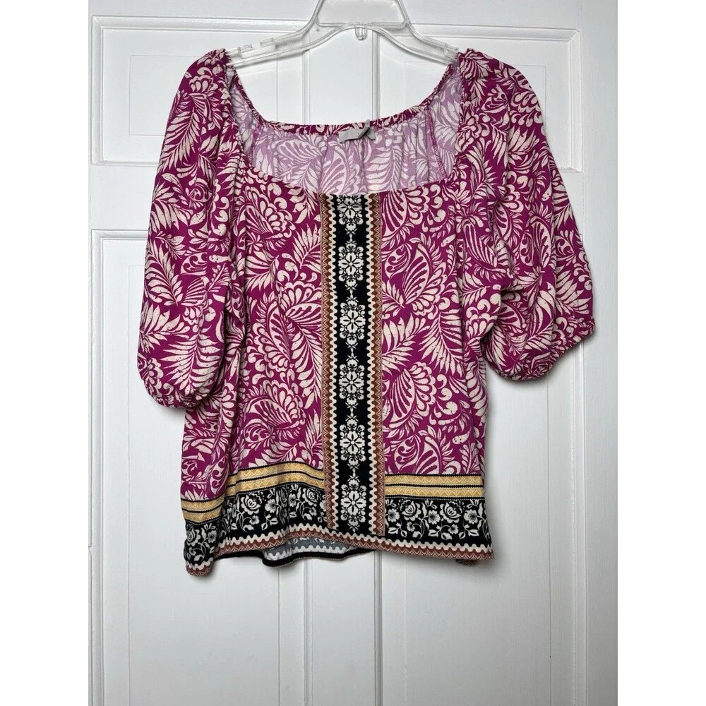 Loft Floral Puff Sleeve Pink/Cream/Blk Floral Tunic Boho Top Women L